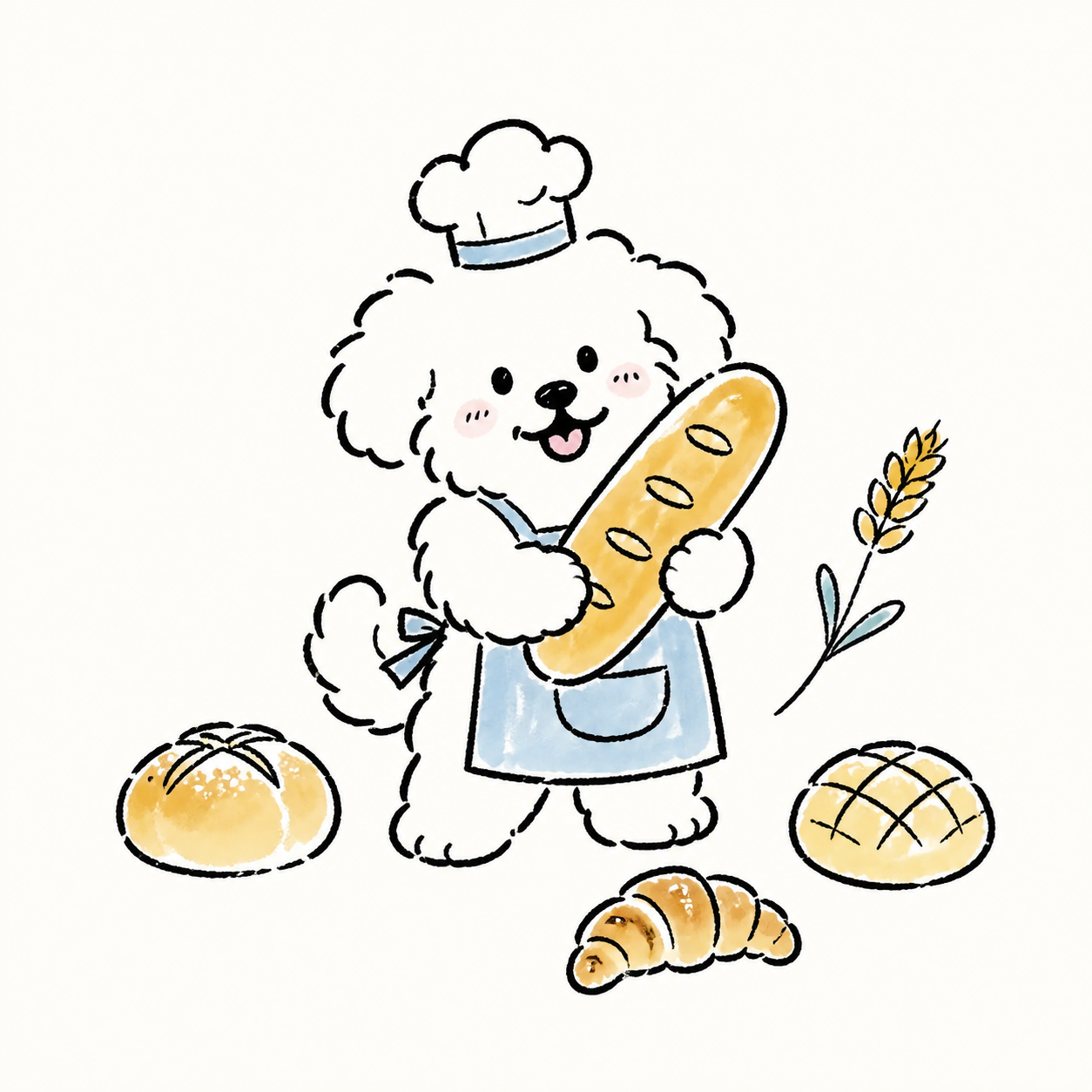Hand-drawn dog baker holding a baguette