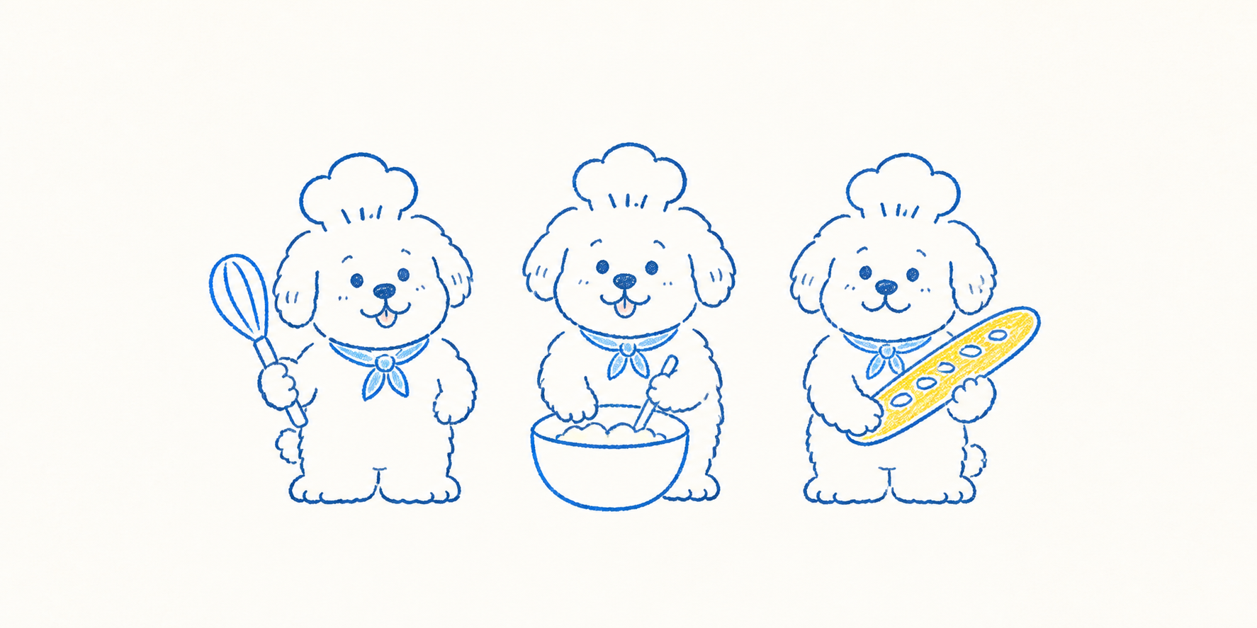 Three hand-drawn dog bakers whisking, mixing dough and holding bread