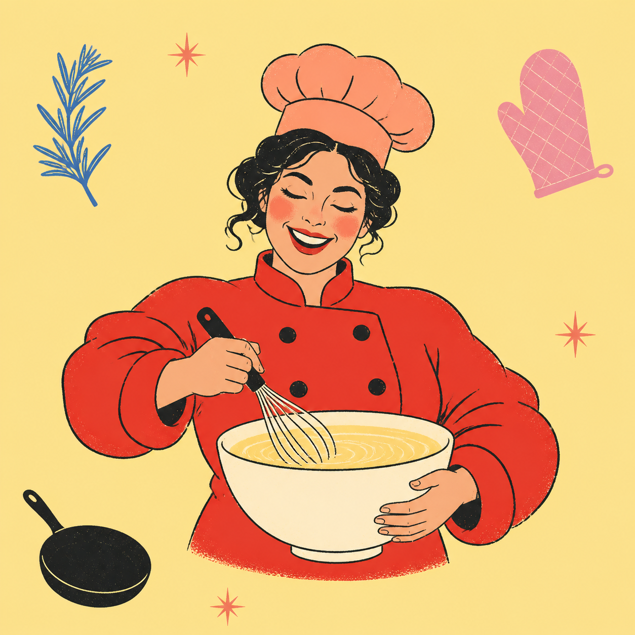 Illustrated chef whisking batter in a bowl