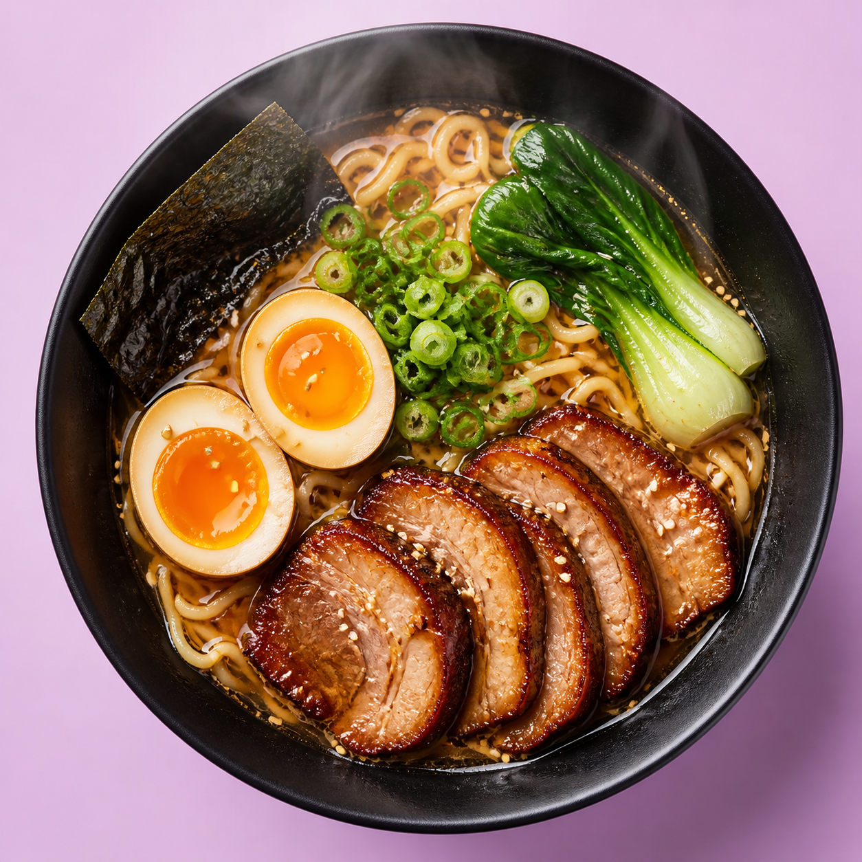 Miso ramen with pork, egg and greens