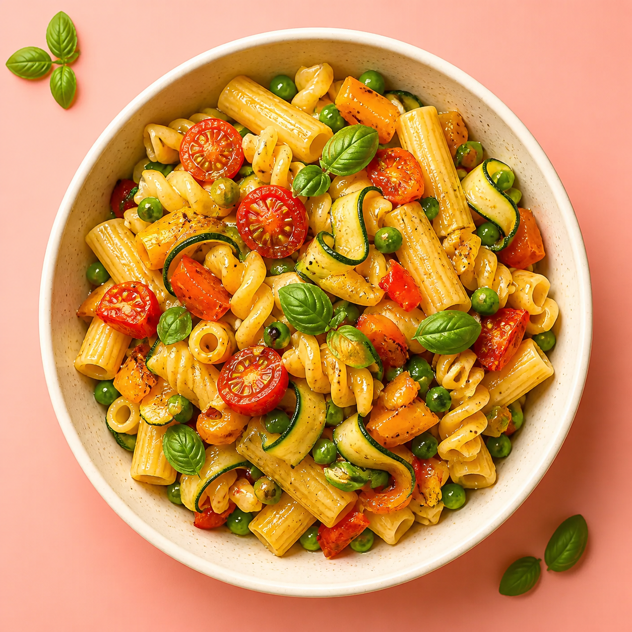 Pasta primavera with tomatoes, peas and basil